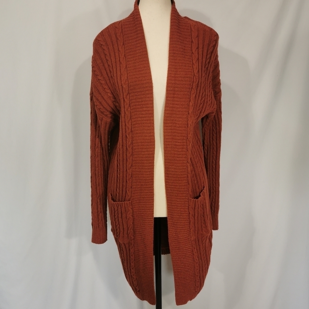 Cozy Open-Front Cable Knit Cardigan - Rust